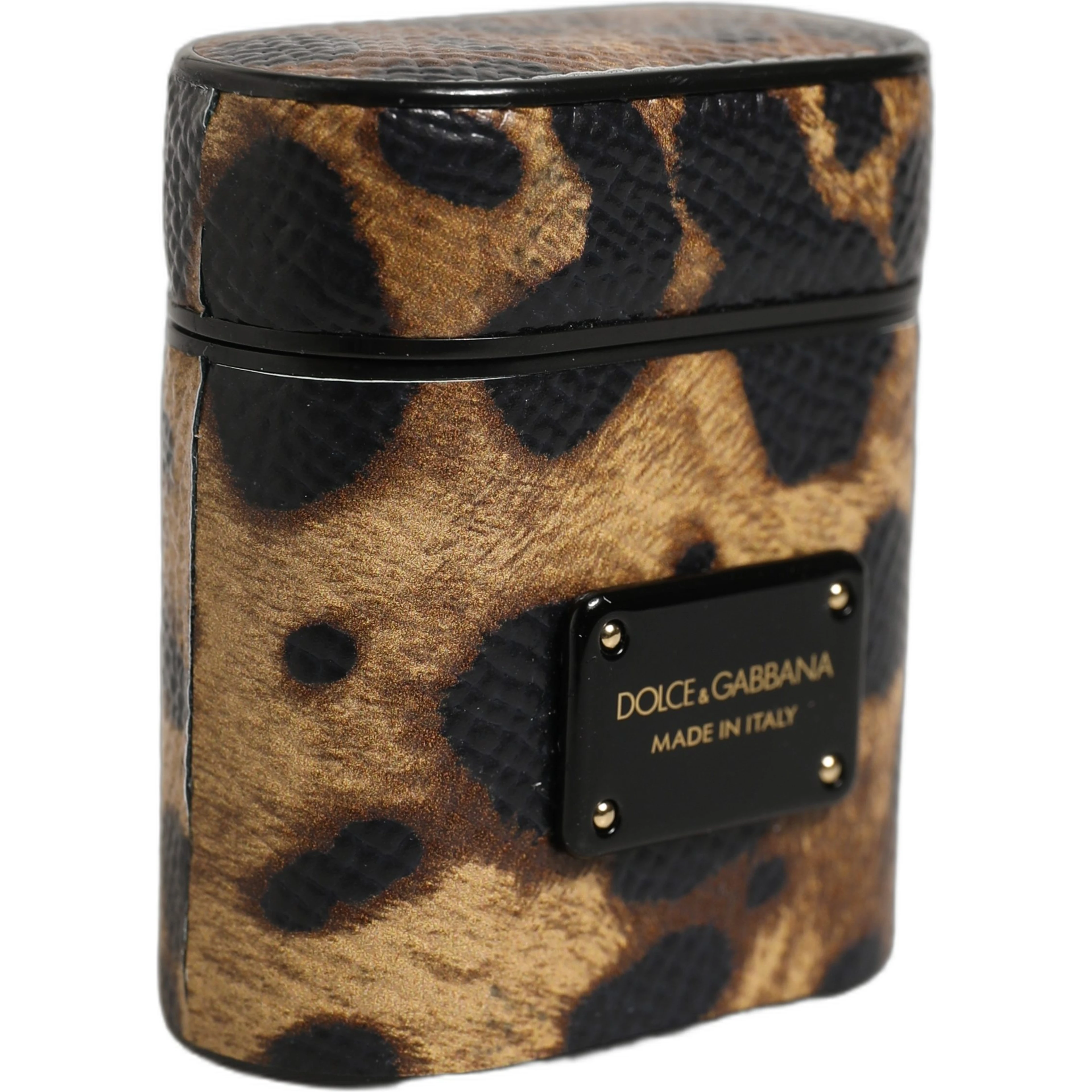 Brown Leopard Calf Leather Metal Logo Plaque Airpods Case