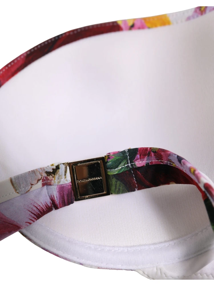 White Floral Print Nylon Beachwear Bikini Top