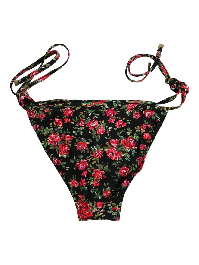 Black Floral Print Nylon Beachwear Bikini Bottom