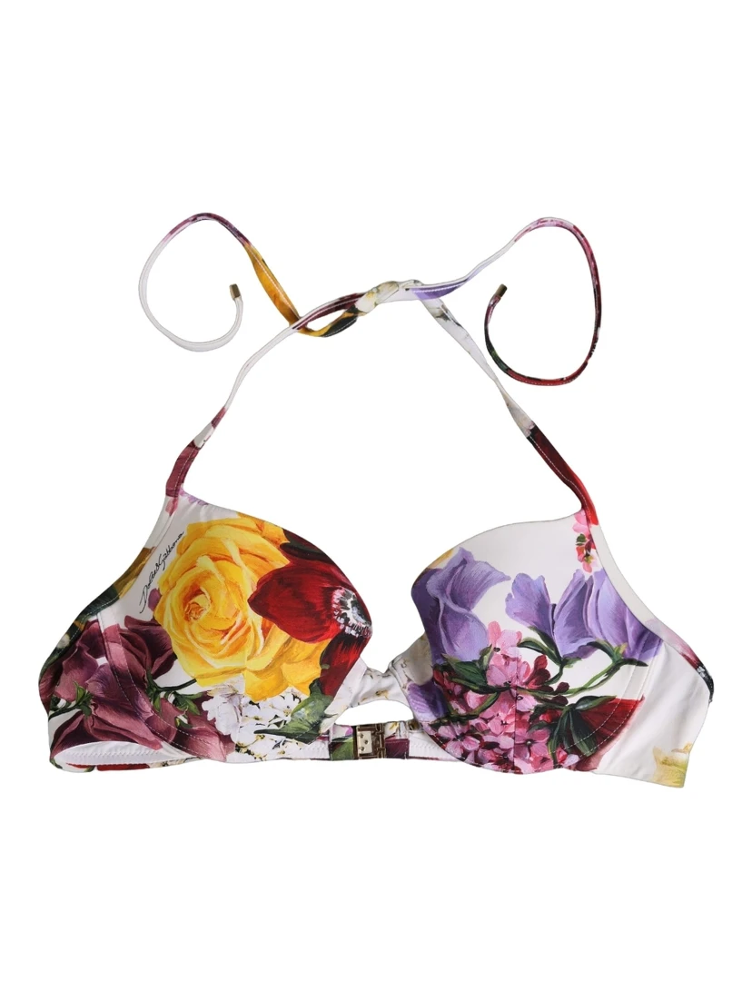 White Floral Print Nylon Beachwear Bikini Top