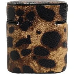 Brown Leopard Calf Leather Metal Logo Plaque Airpods Case
