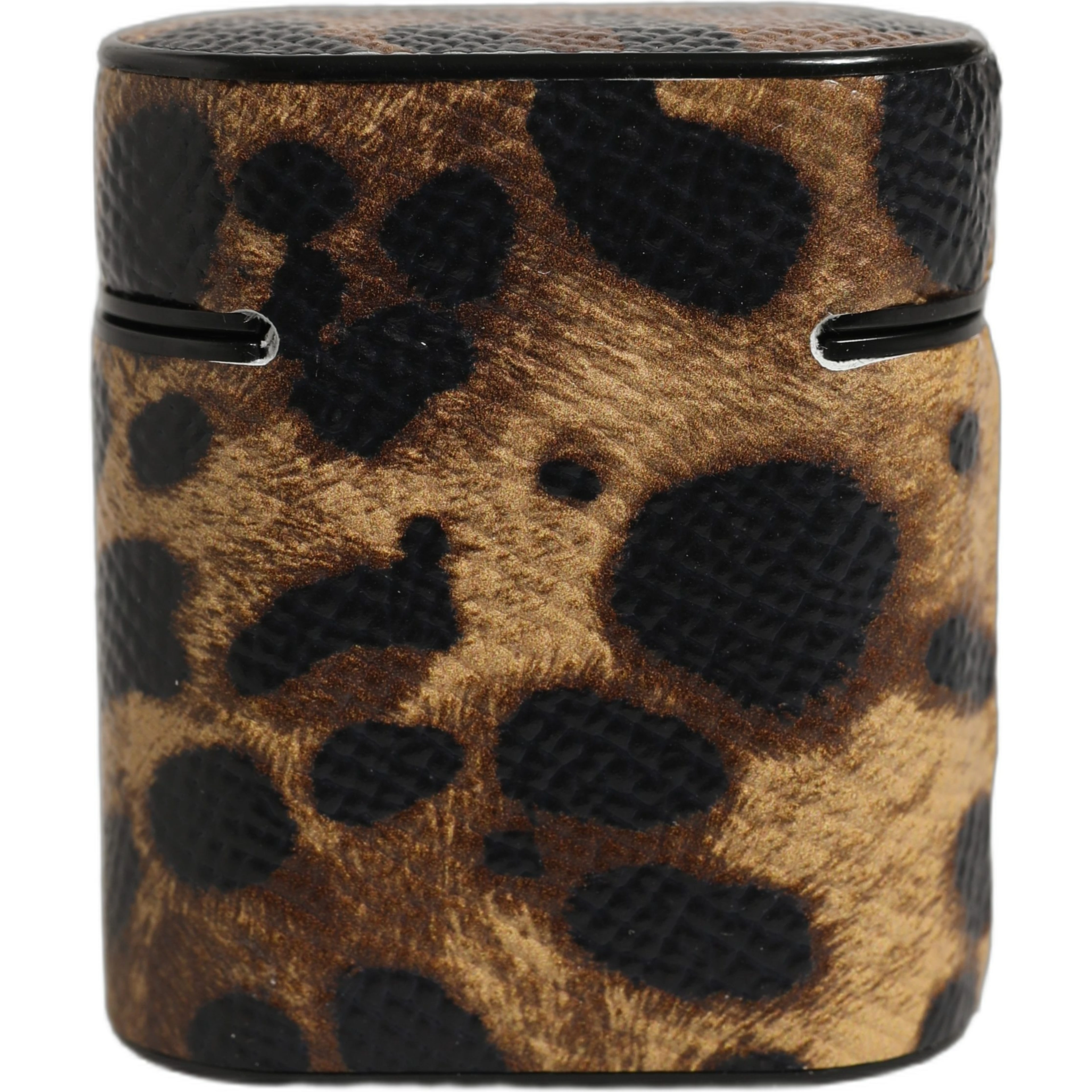 Brown Leopard Calf Leather Metal Logo Plaque Airpods Case