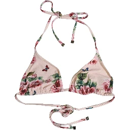 Pink Nylon Floral Halter Beachwear Bikini Top