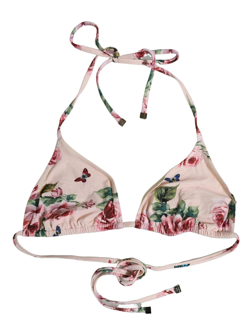 Pink Nylon Floral Halter Beachwear Bikini Top