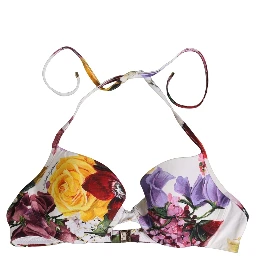 White Floral Print Nylon Beachwear Bikini Top