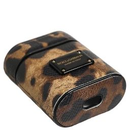 Brown Leopard Calf Leather Metal Logo Plaque Airpods Case