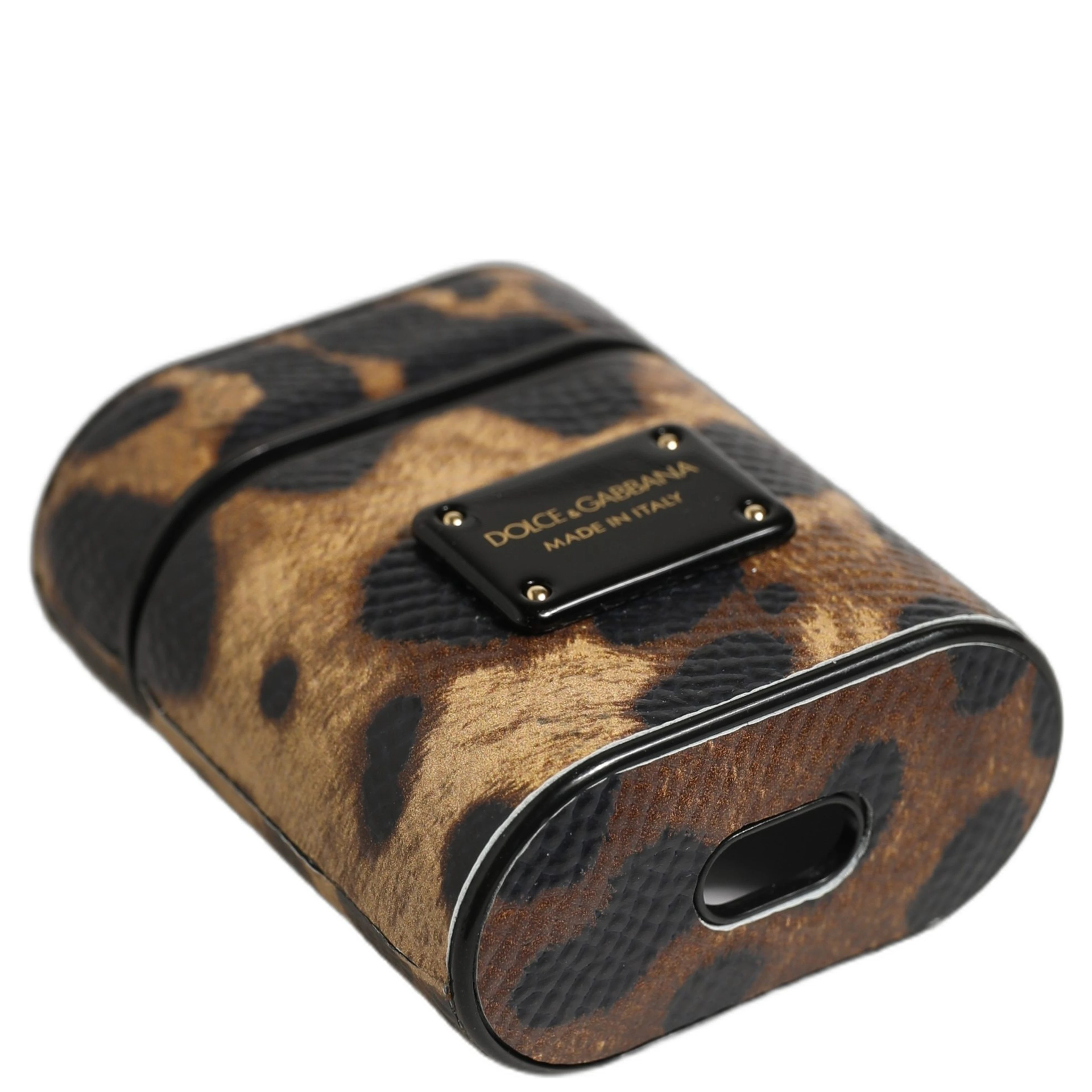 Brown Leopard Calf Leather Metal Logo Plaque Airpods Case