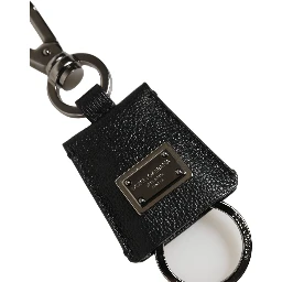 Black Dauphine Leather Silver Metal Logo Plaque Keyring