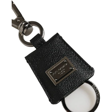 Black Dauphine Leather Silver Metal Logo Plaque Keyring