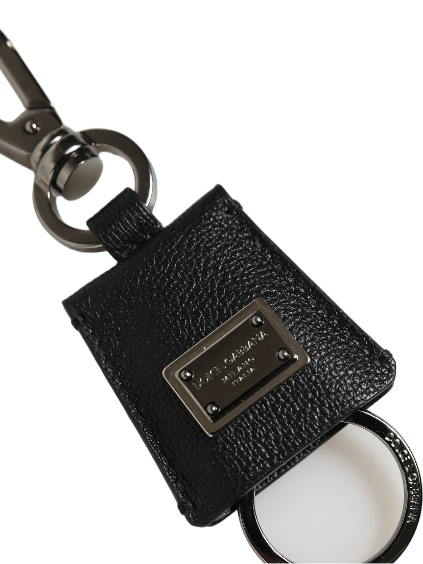 Black Dauphine Leather Silver Metal Logo Plaque Keyring