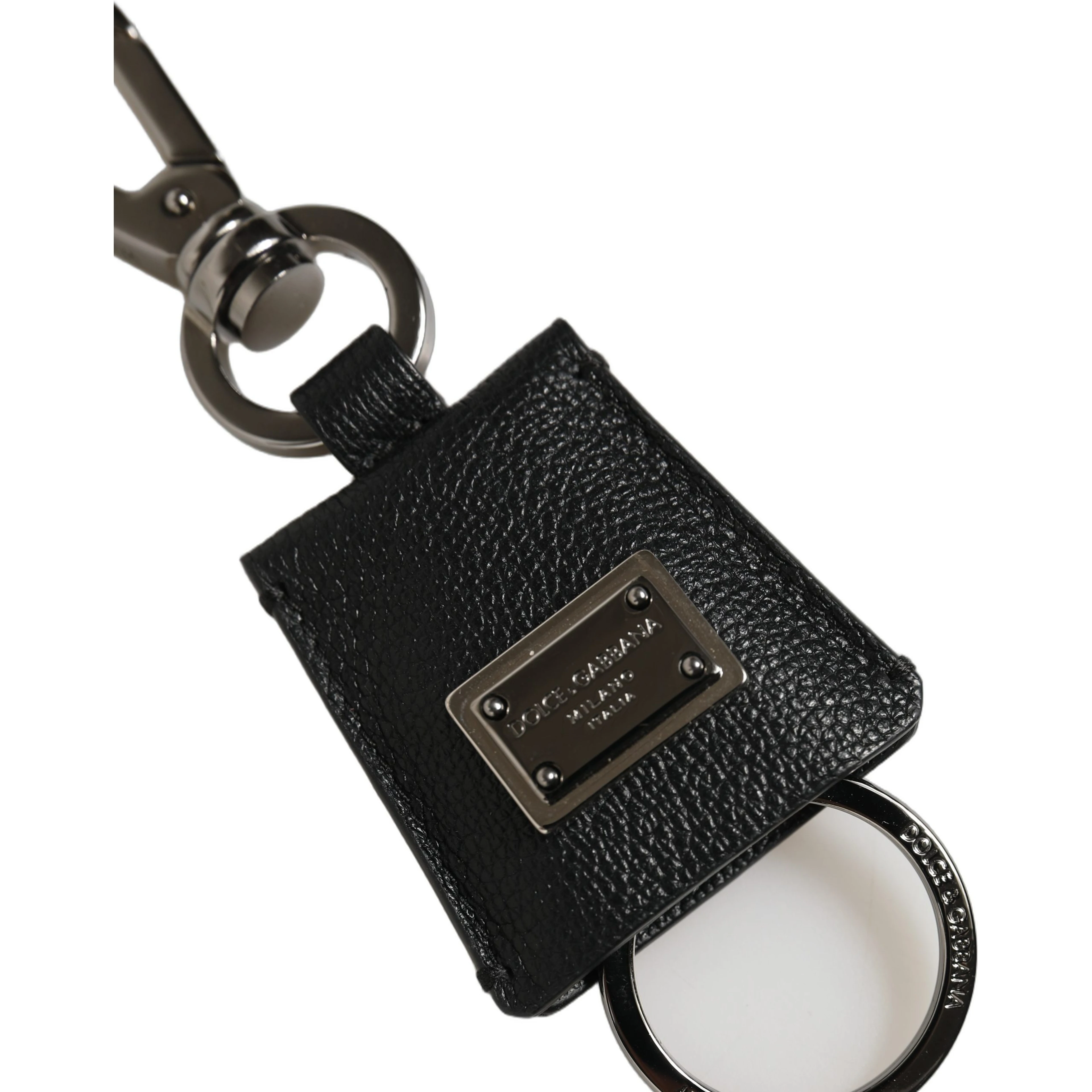 Black Dauphine Leather Silver Metal Logo Plaque Keyring