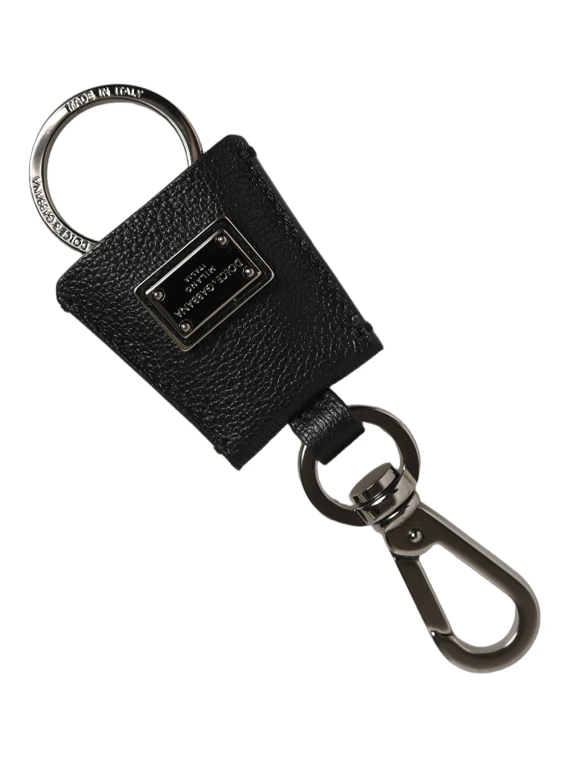 Black Dauphine Leather Silver Metal Logo Plaque Keyring
