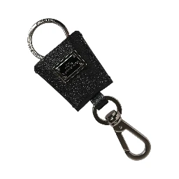 Black Dauphine Leather Silver Metal Logo Plaque Keyring
