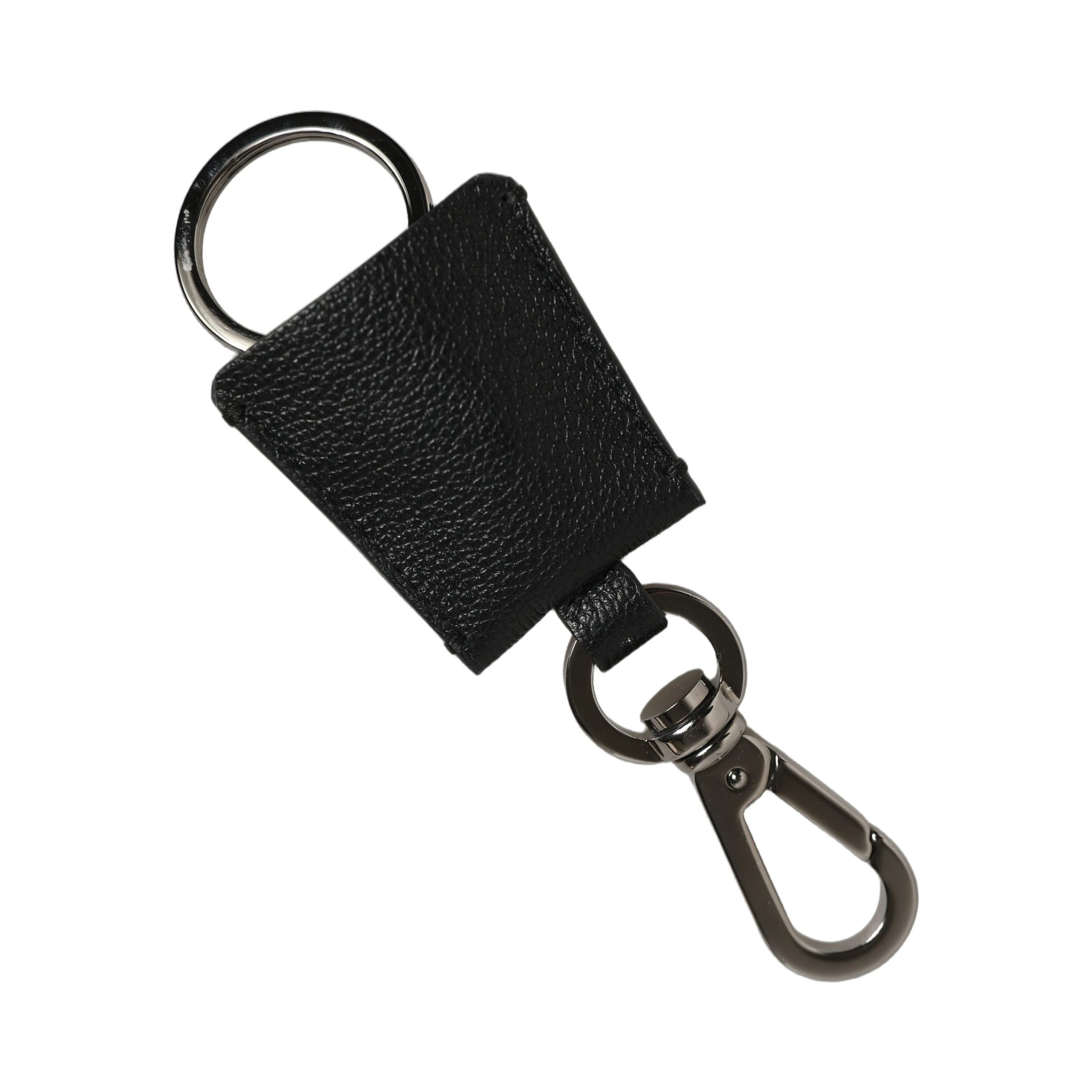 Black Dauphine Leather Silver Metal Logo Plaque Keyring