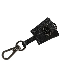 Black Dauphine Leather Silver Metal Logo Plaque Keyring