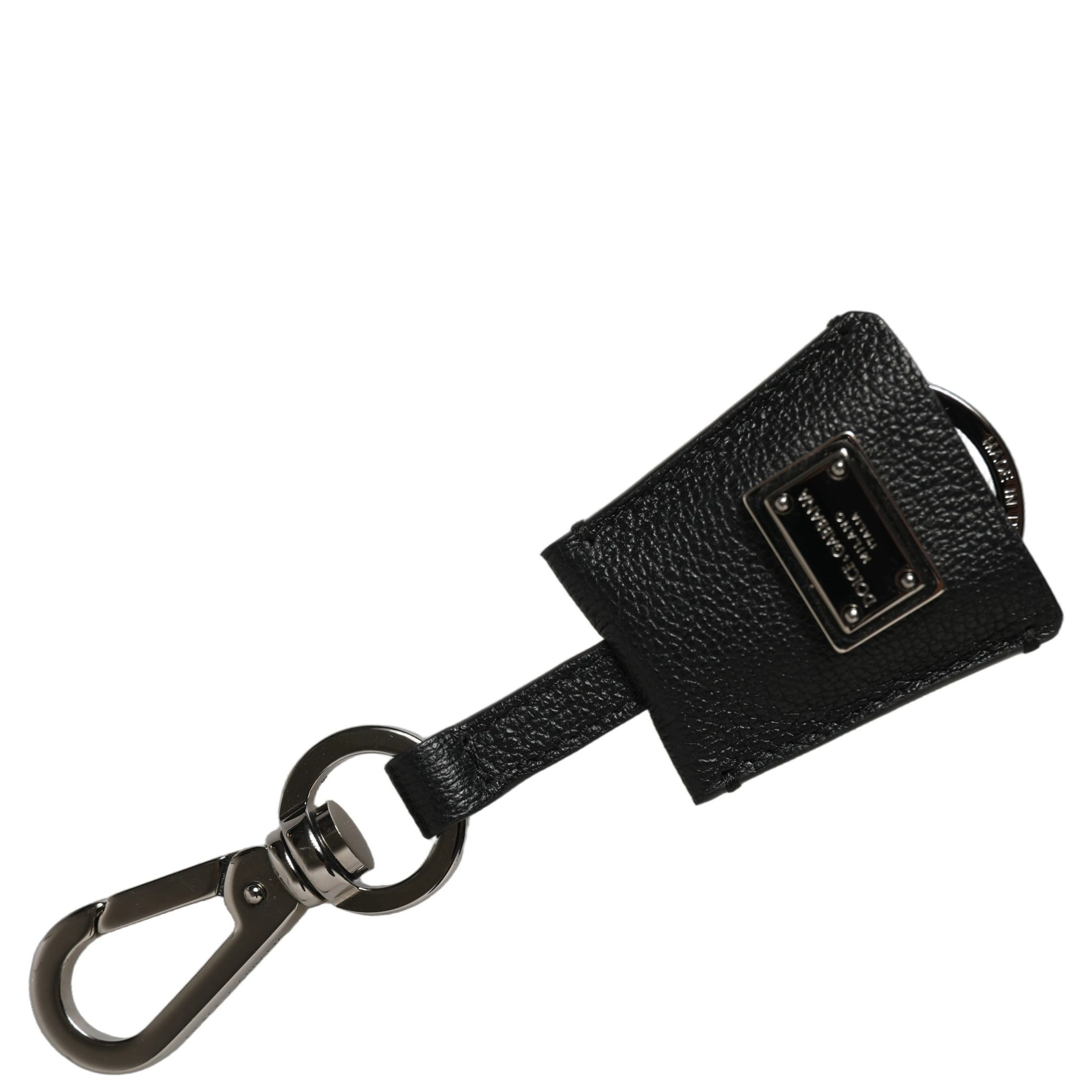 Black Dauphine Leather Silver Metal Logo Plaque Keyring