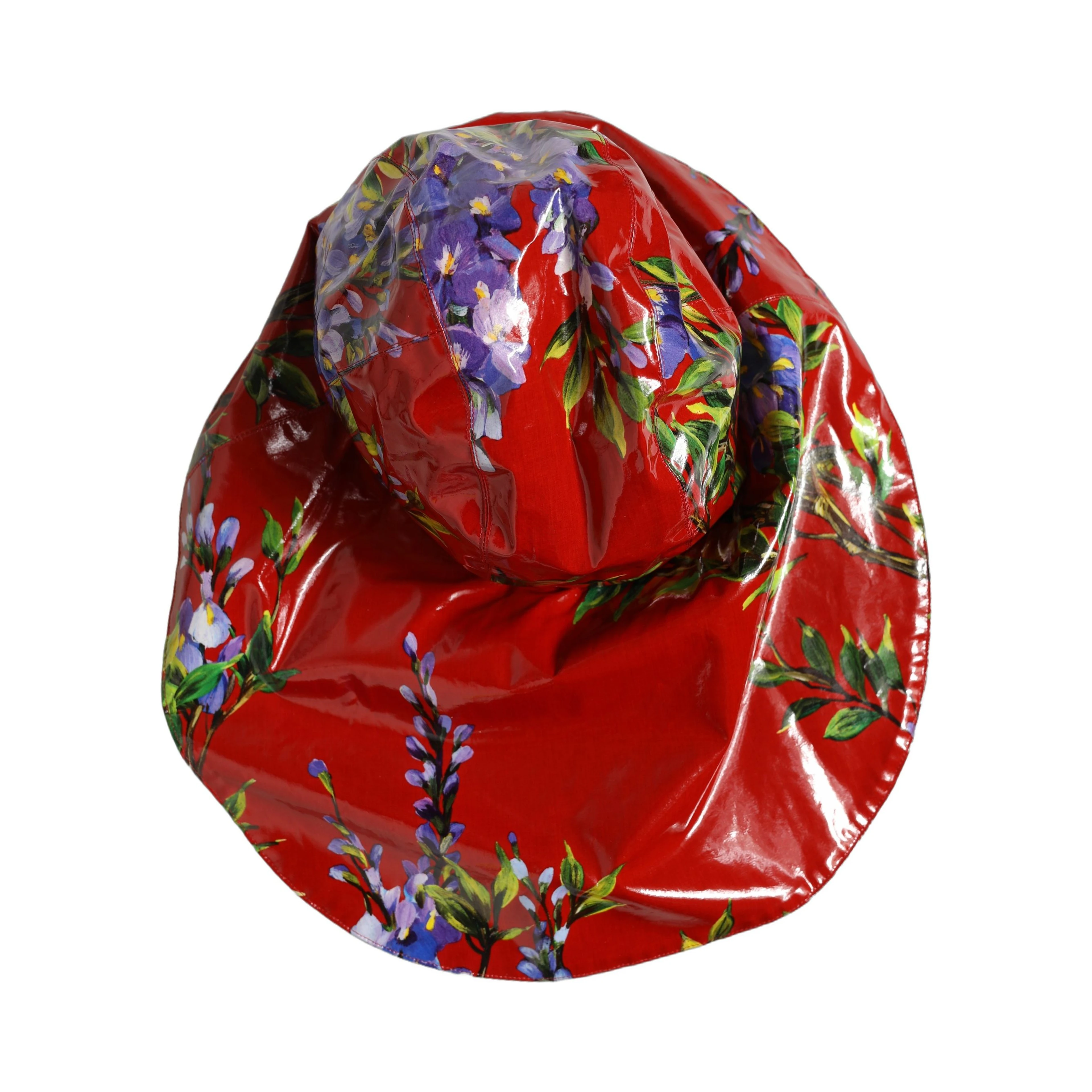 Glossy Red Floral Wide Brim Bucket Capello Hat