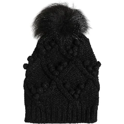 Black Cashmere Knitted Fur Pom-Pom Beanie One Size Hat