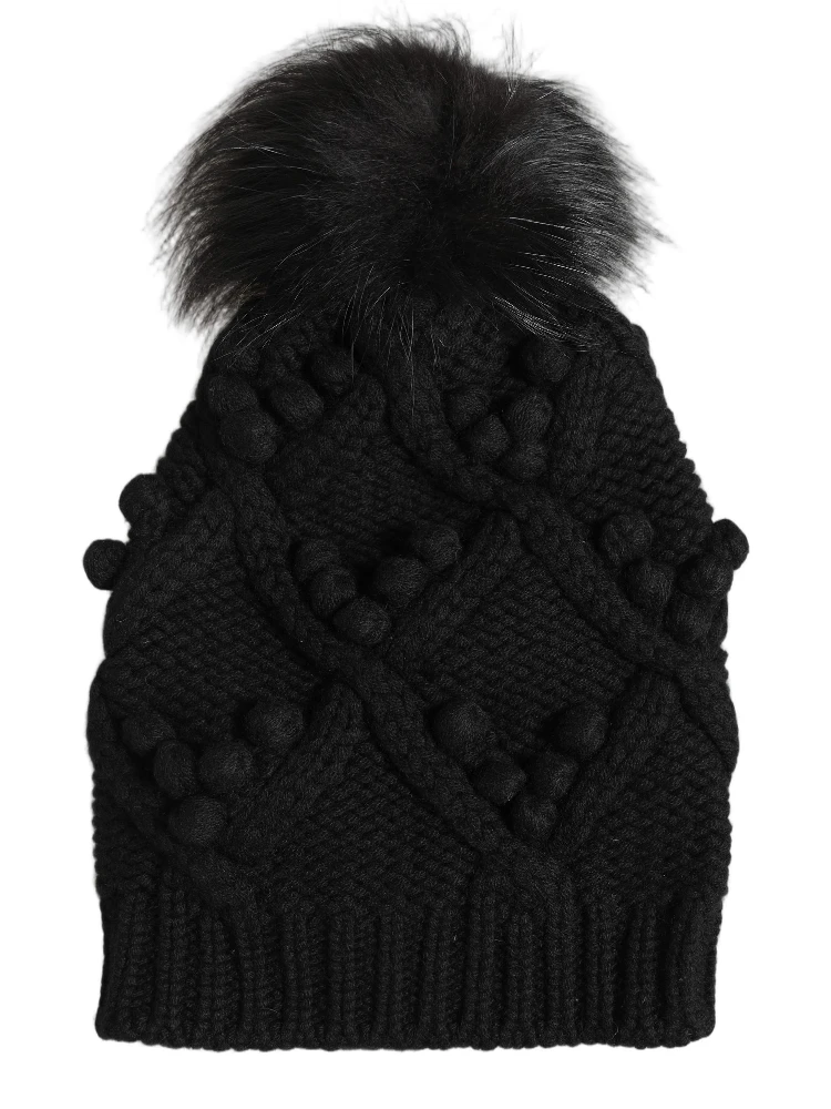 Black Cashmere Knitted Fur Pom-Pom Beanie One Size Hat