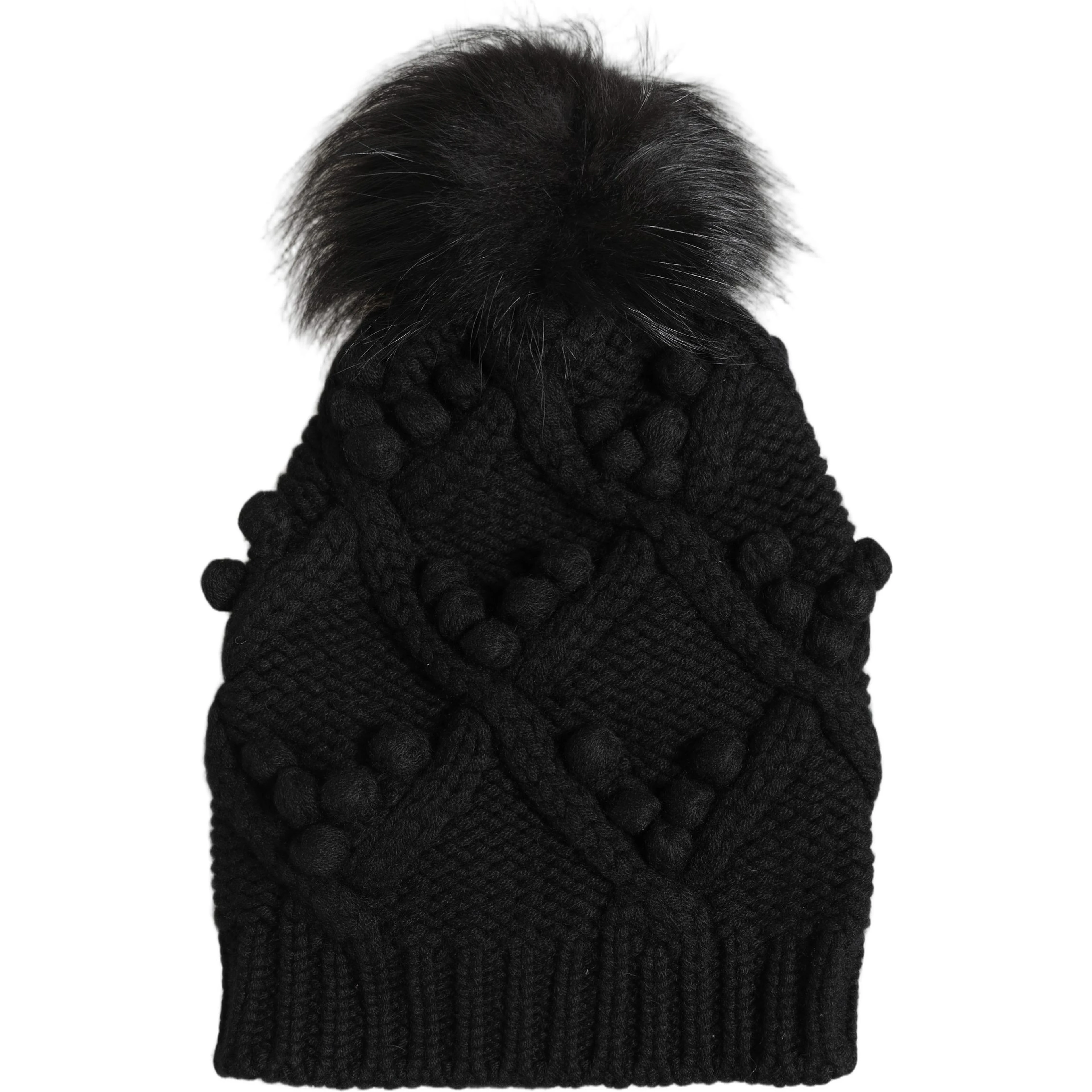 Black Cashmere Knitted Fur Pom-Pom Beanie One Size Hat