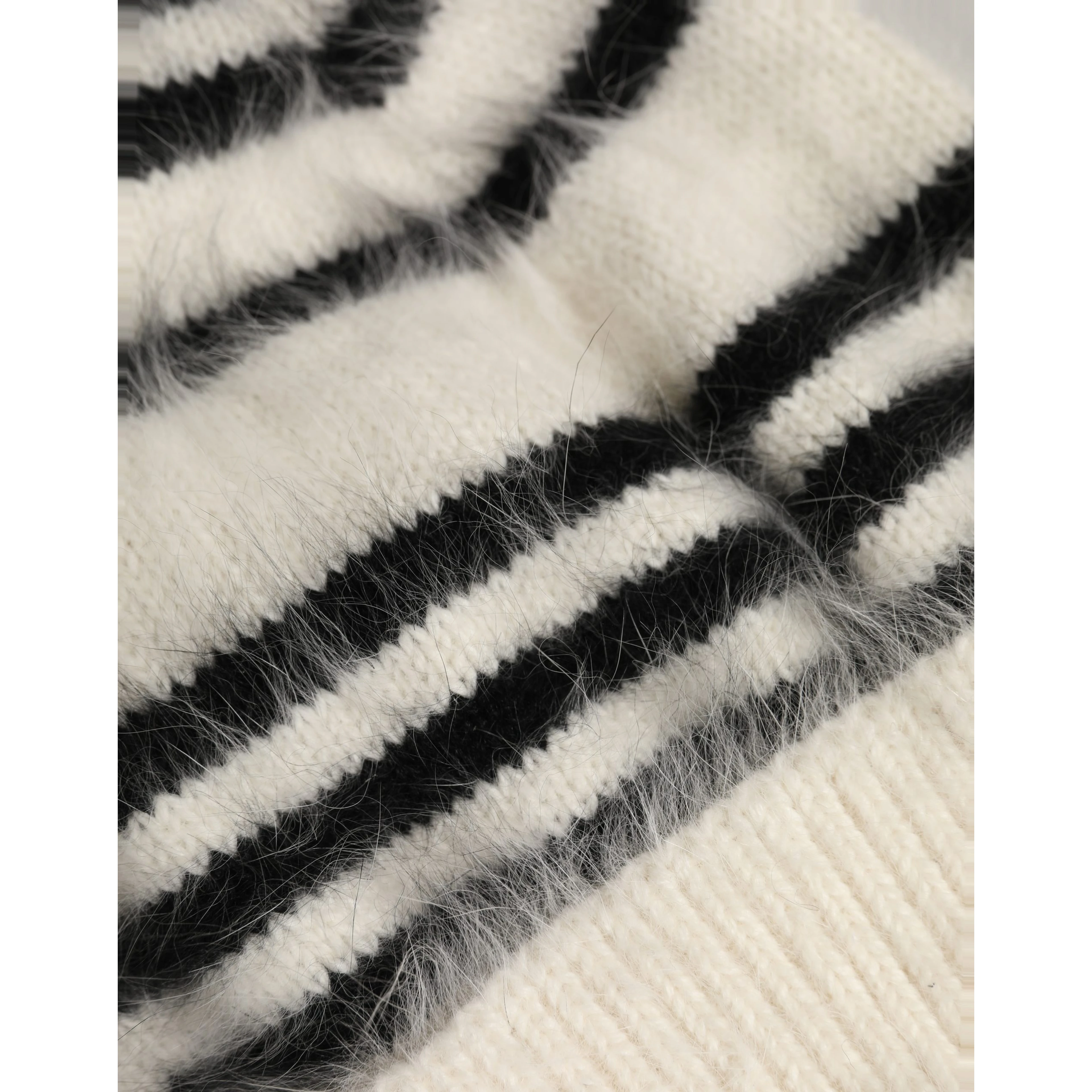 Black White Striped Angora Knitted Beanie One Size Hat