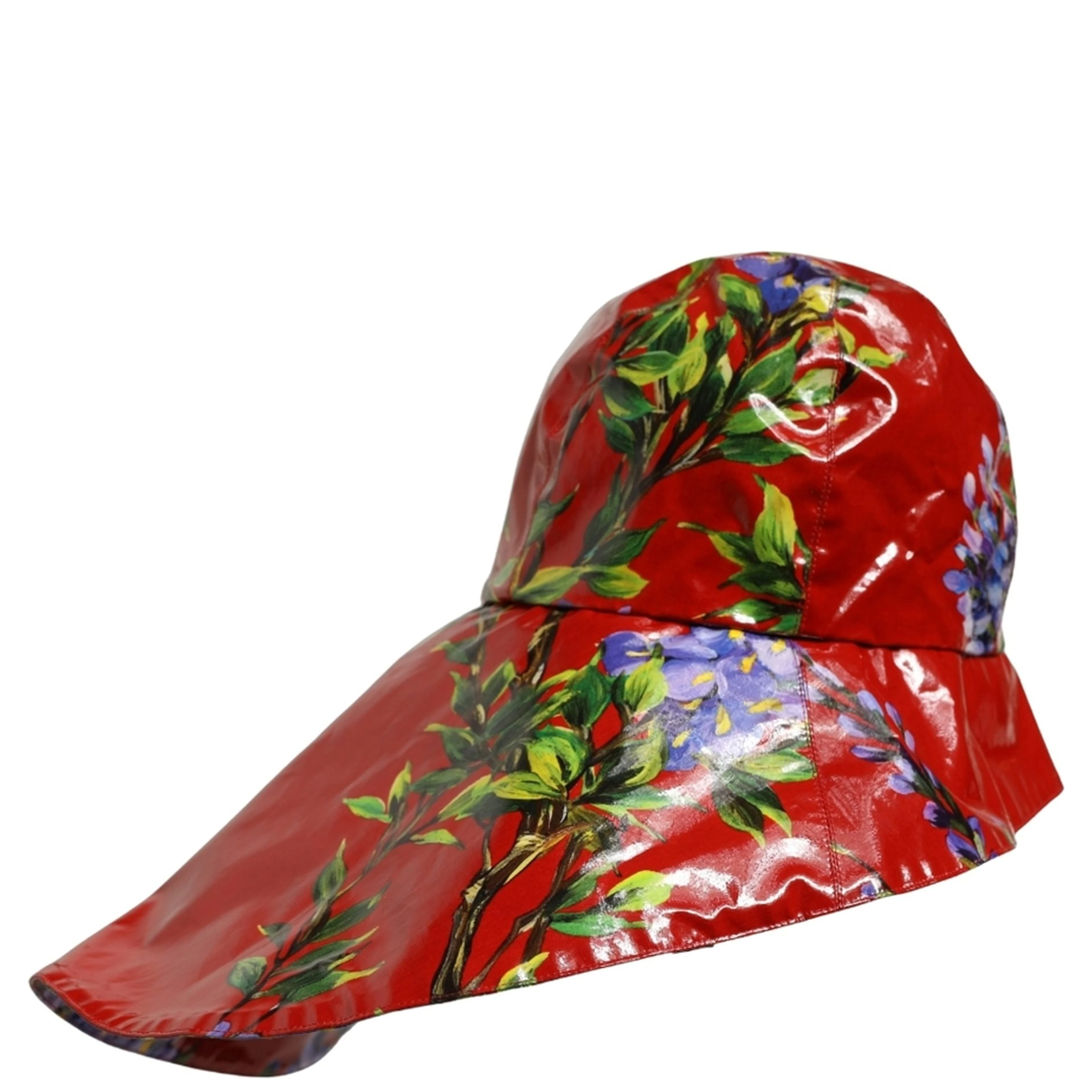Glossy Red Floral Wide Brim Bucket Capello Hat