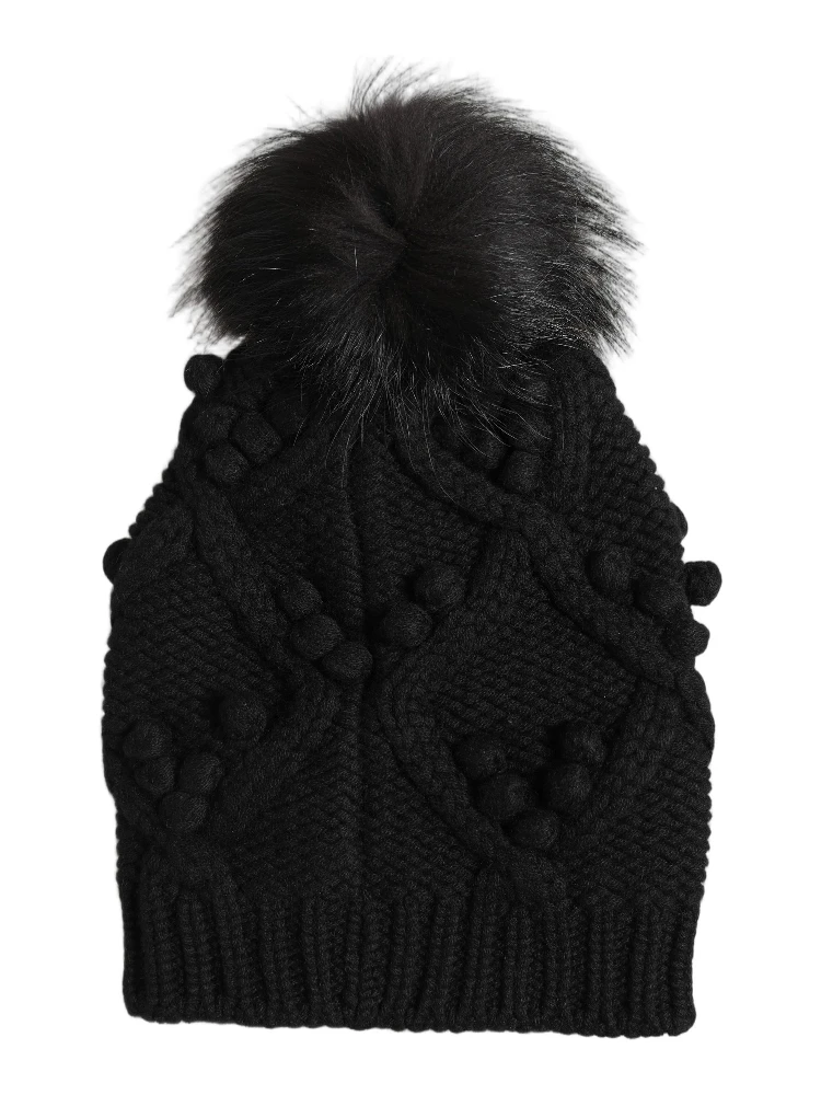 Black Cashmere Knitted Fur Pom-Pom Beanie One Size Hat alternative