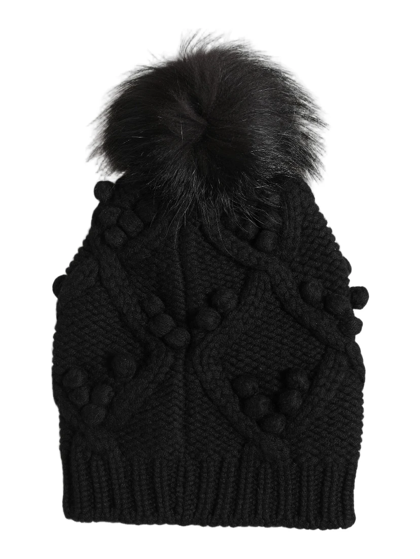 Black Cashmere Knitted Fur Pom-Pom Beanie One Size Hat