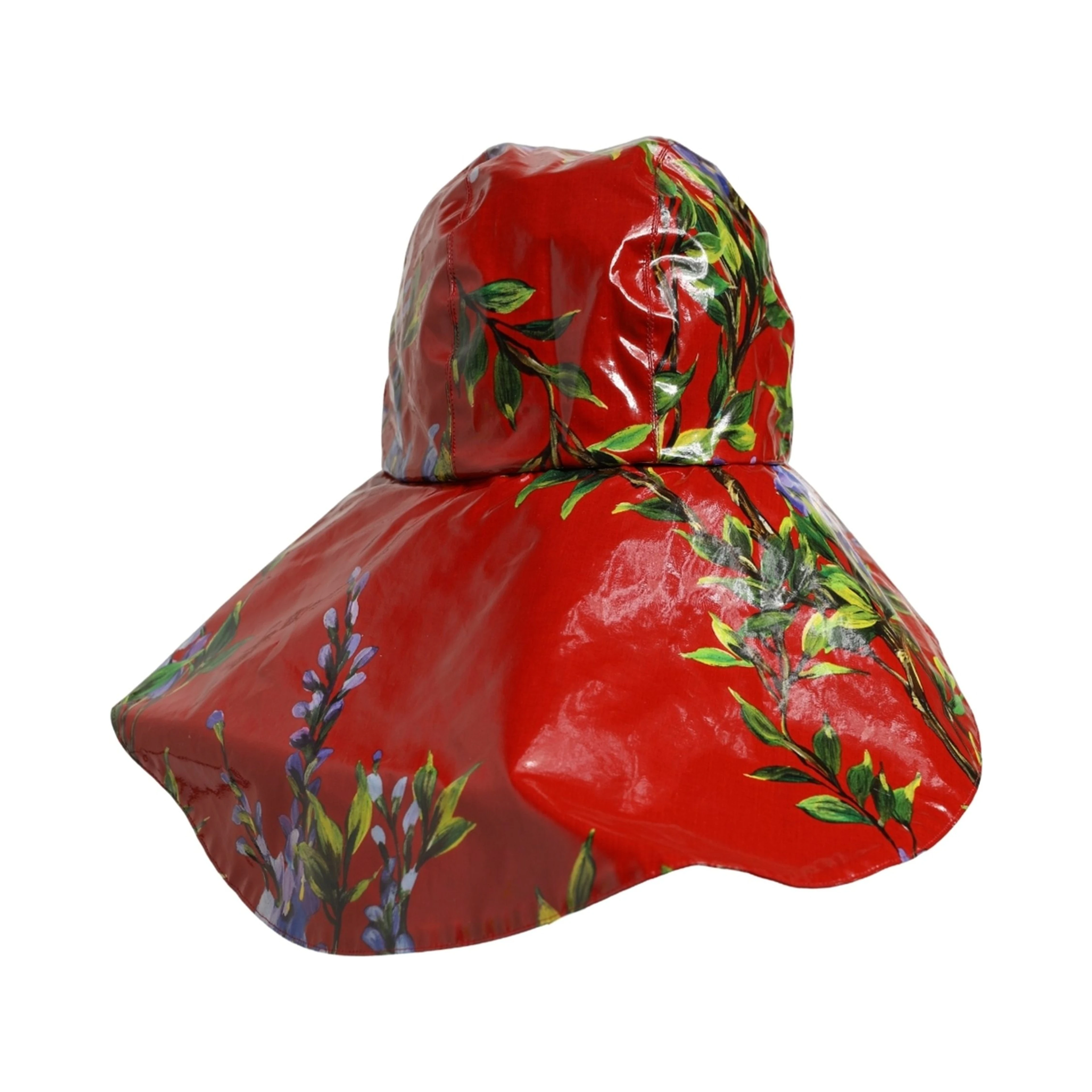 Glossy Red Floral Wide Brim Bucket Capello Hat
