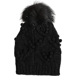 Black Cashmere Knitted Fur Pom-Pom Beanie One Size Hat