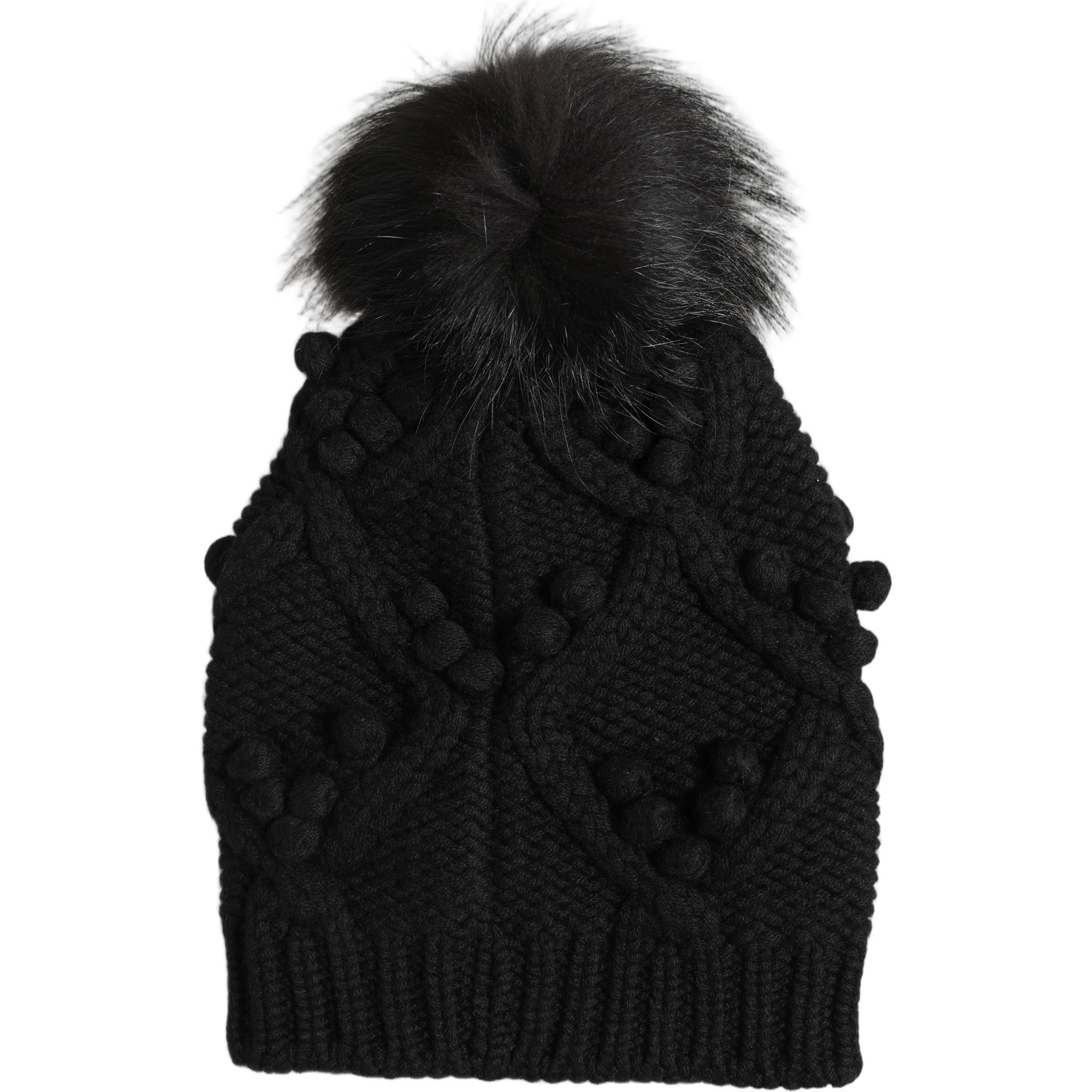 Black Cashmere Knitted Fur Pom-Pom Beanie One Size Hat