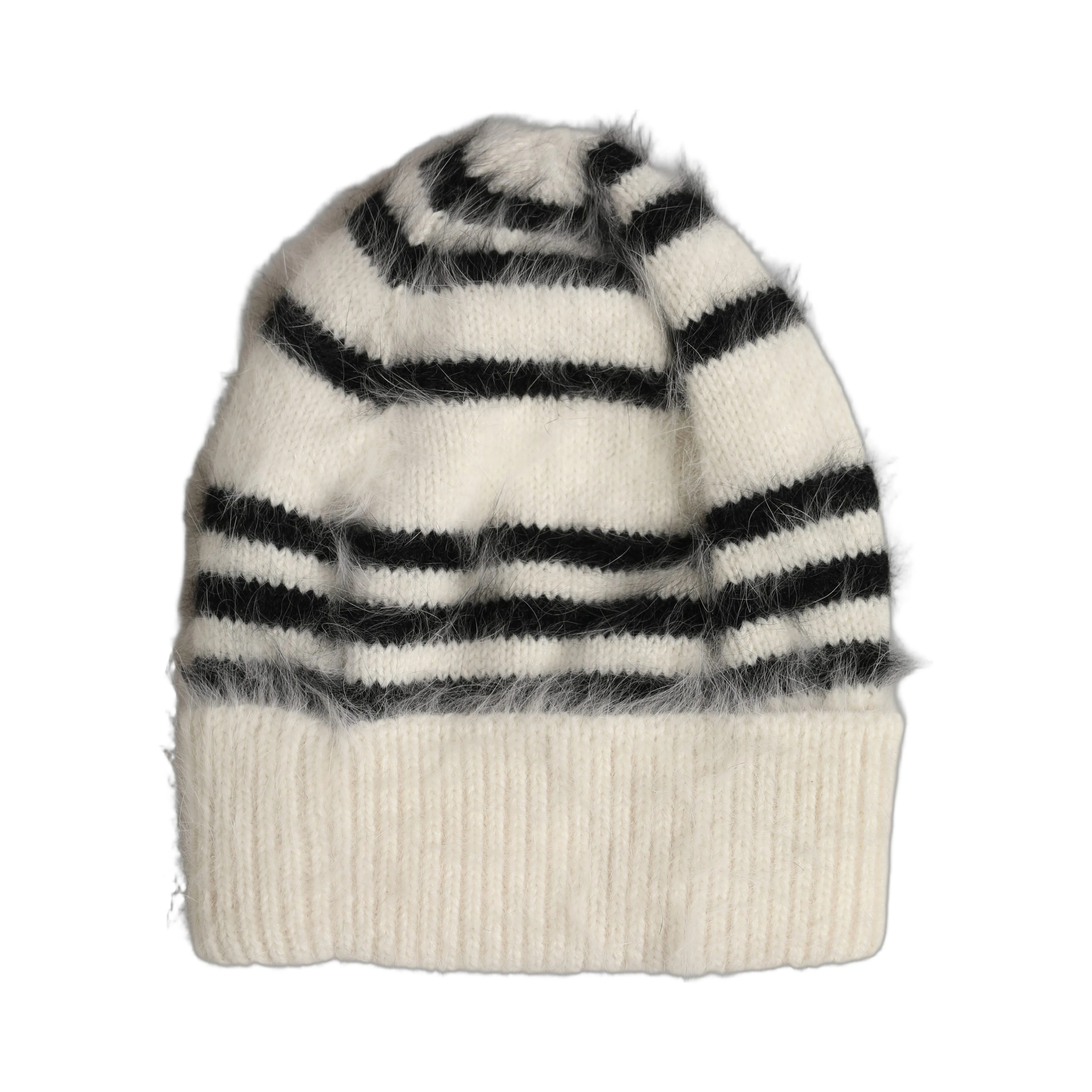Black White Striped Angora Knitted Beanie One Size Hat