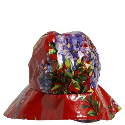 Glossy Red Floral Wide Brim Bucket Capello Hat