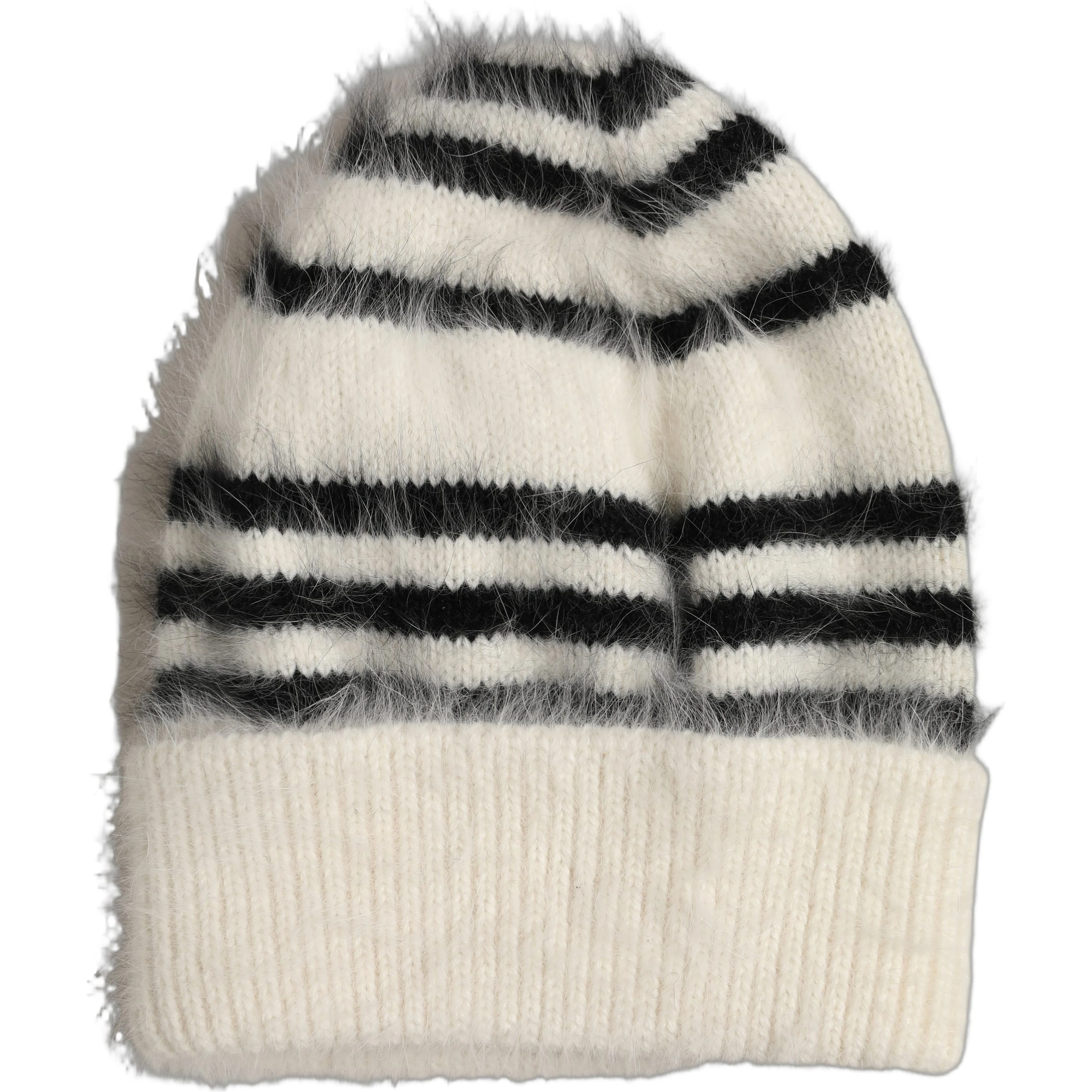 Black White Striped Angora Knitted Beanie One Size Hat