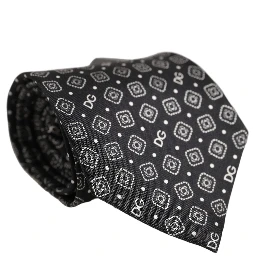 Men Black DG Logo 100% Silk Adjustable Tied Necktie Tie