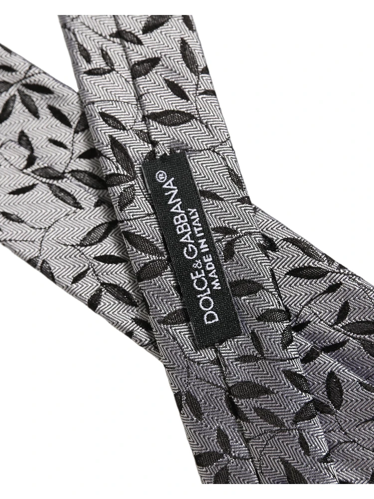 Men Gray Leaf Pattern Silk Adjustable Tied Necktie Tie