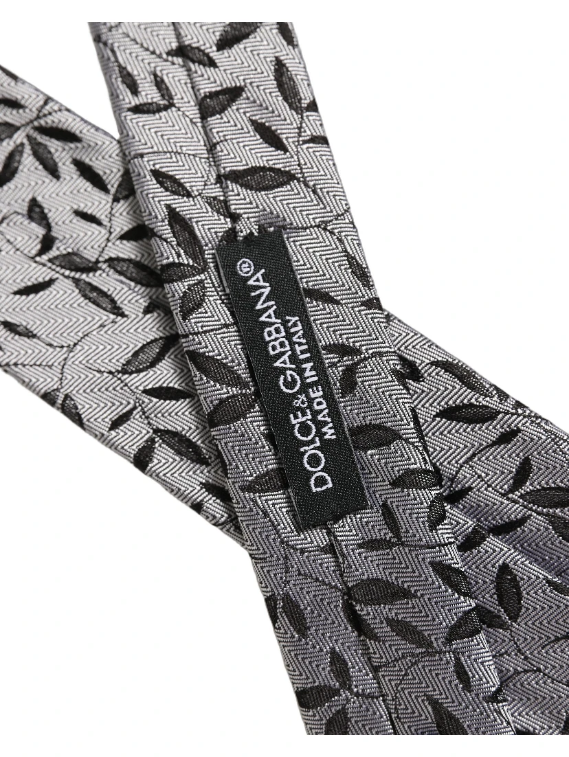 Men Gray Leaf Pattern Silk Adjustable Tied Necktie Tie
