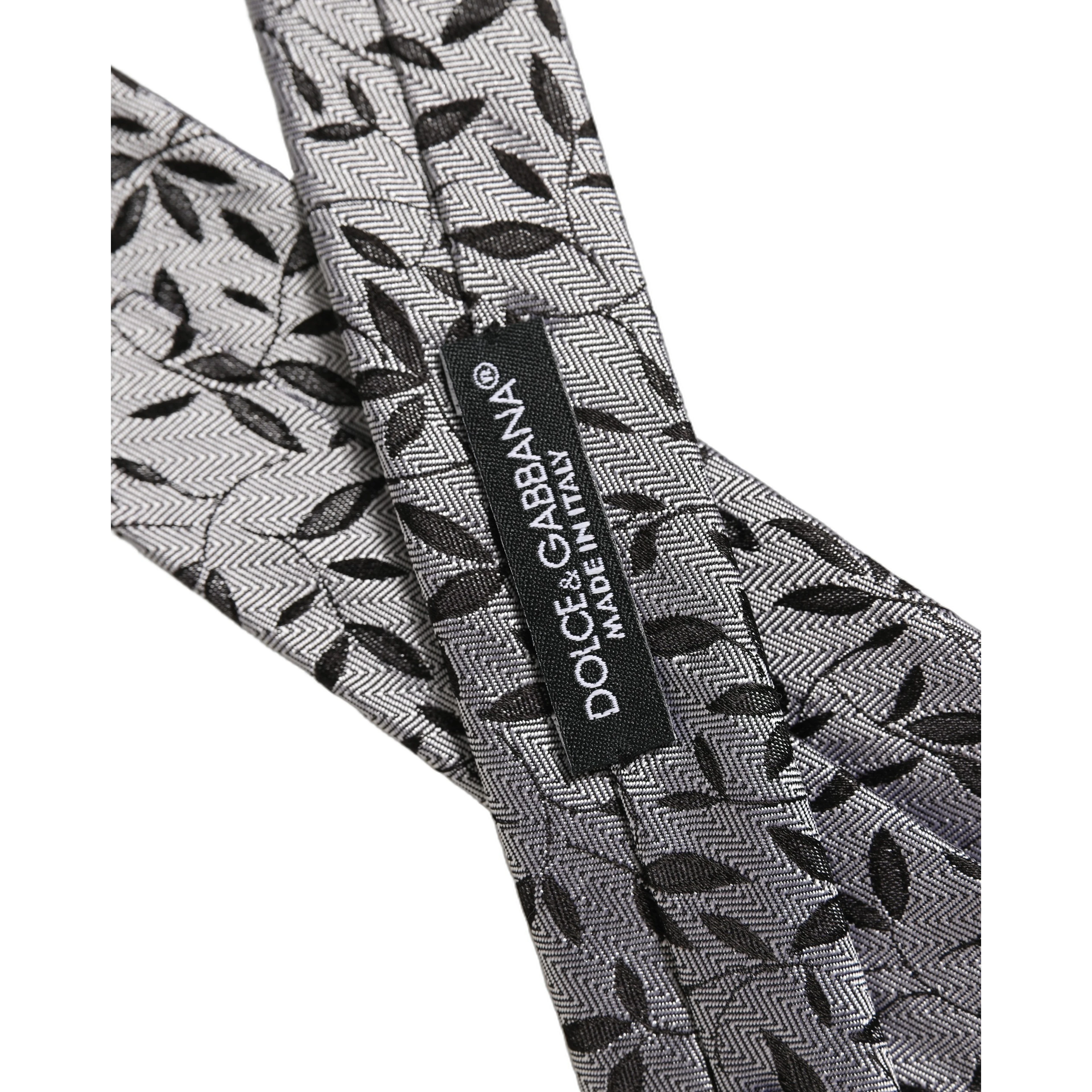 Men Gray Leaf Pattern Silk Adjustable Tied Necktie Tie