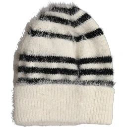 Black White Striped Angora Knitted Beanie One Size Hat