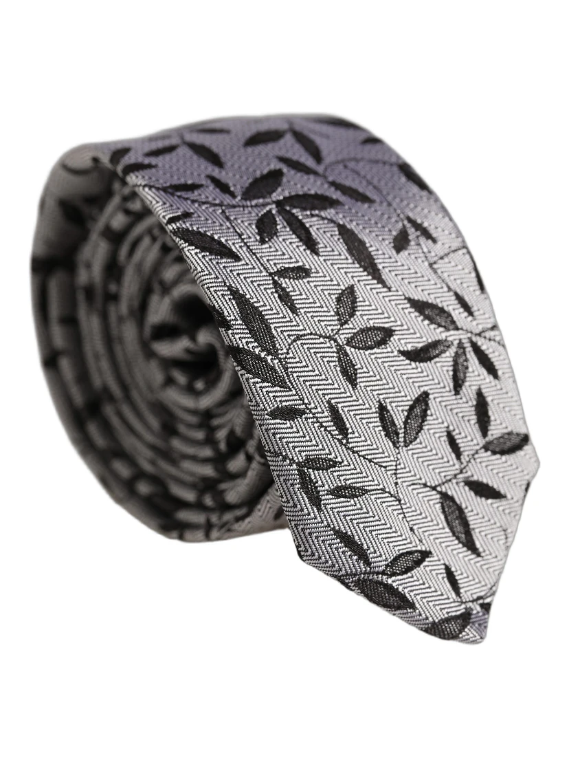 Men Gray Leaf Pattern Silk Adjustable Tied Necktie Tie