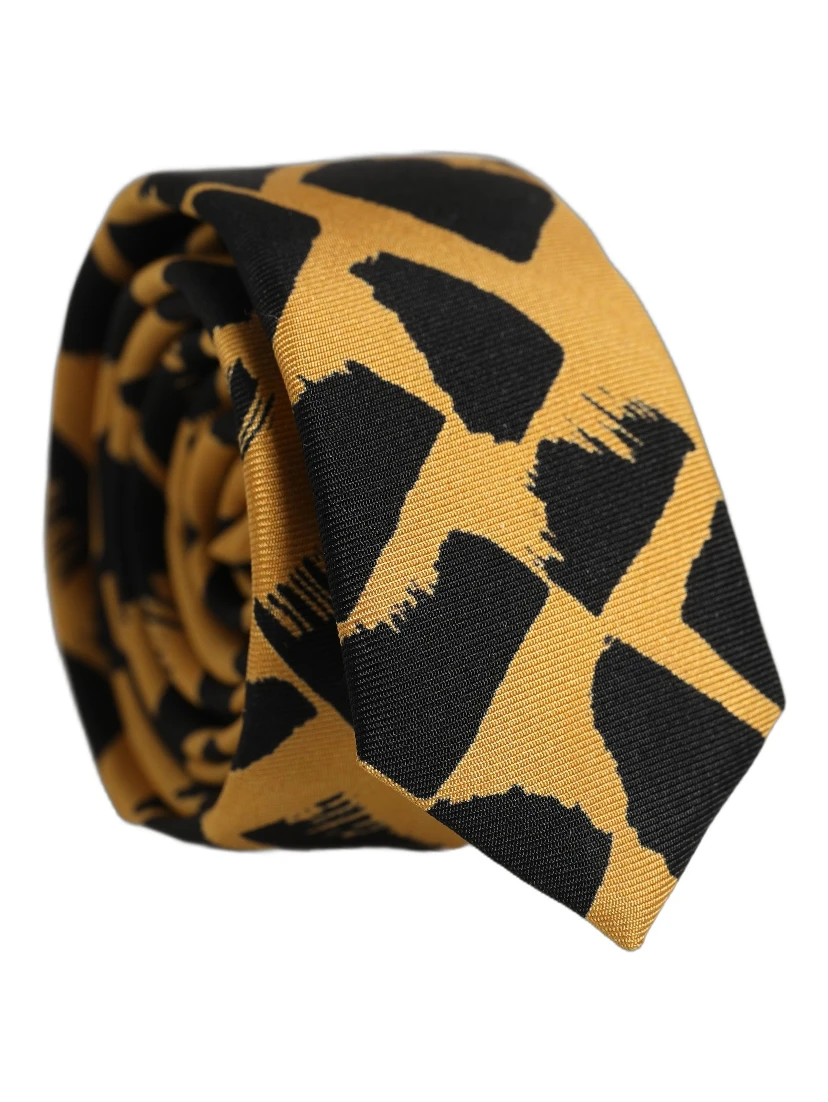 Men Black Yellow Patterned Adjustable Tied Necktie Tie