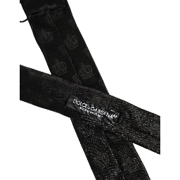 Men Black Crown Print Silk Adjustable Tied Necktie Tie