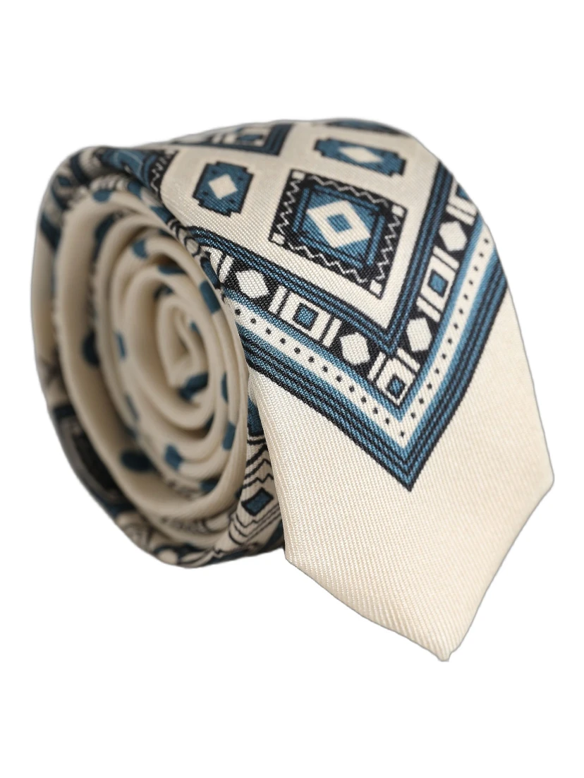 Men Off White Blue Geometric Adjustable Tied Necktie Tie