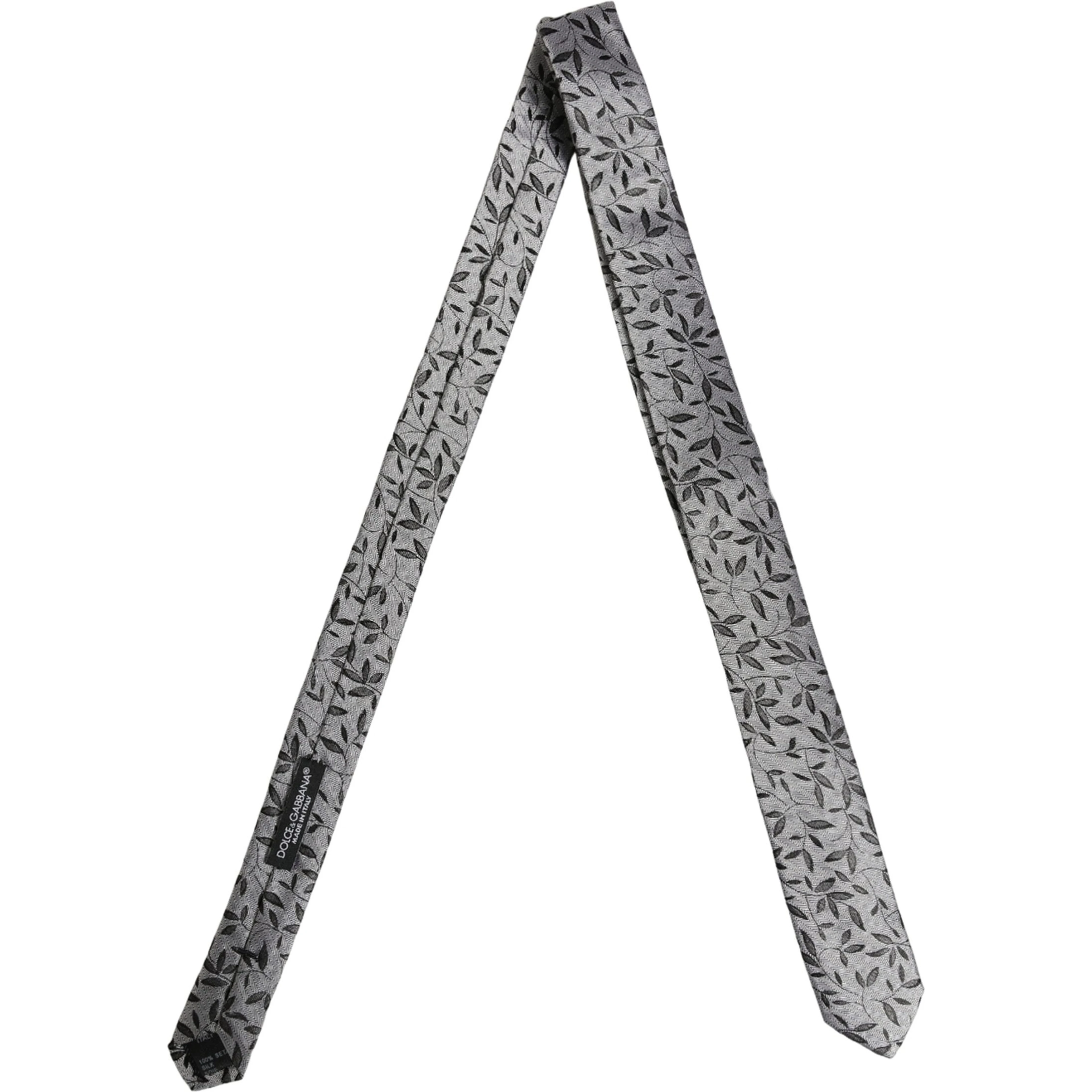 Men Gray Leaf Pattern Silk Adjustable Tied Necktie Tie