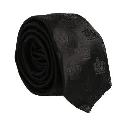 Men Black Crown Print Silk Adjustable Tied Necktie Tie