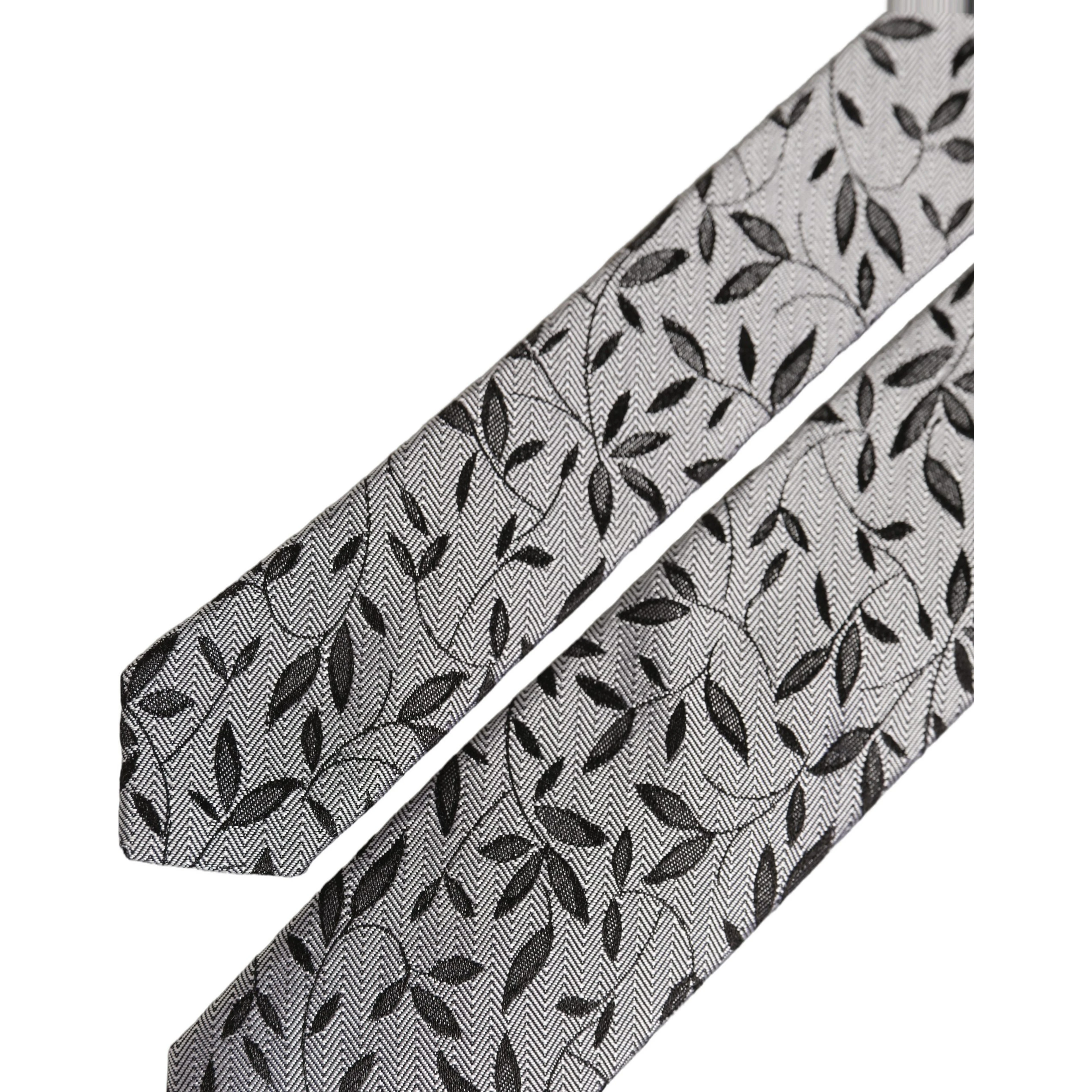 Men Gray Leaf Pattern Silk Adjustable Tied Necktie Tie