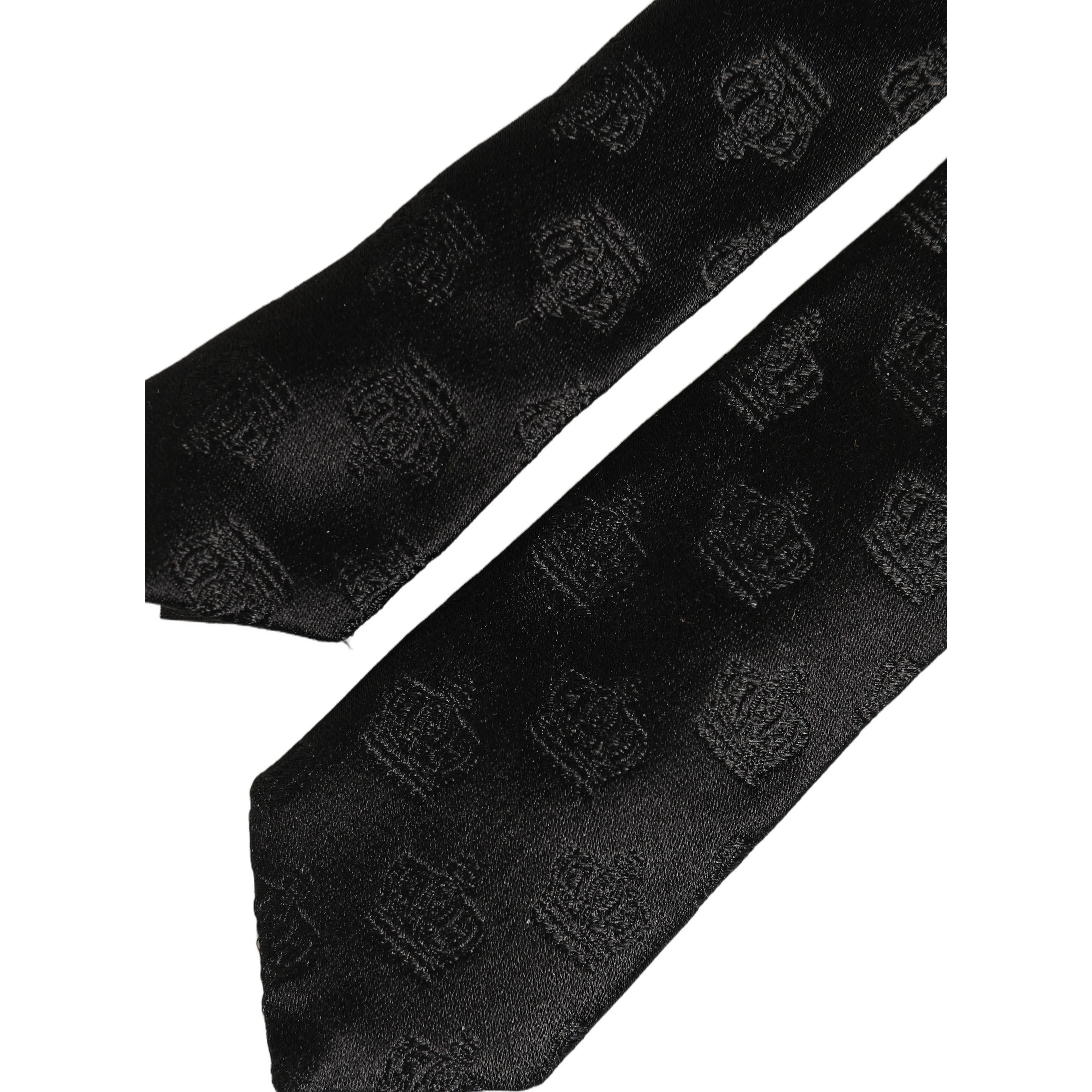 Men Black Crown Print Silk Adjustable Tied Necktie Tie
