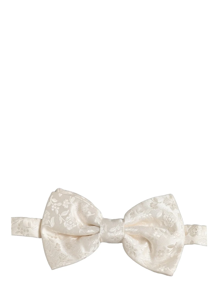 Men White Floral Silk Adjustable Neck Papillon BowTie