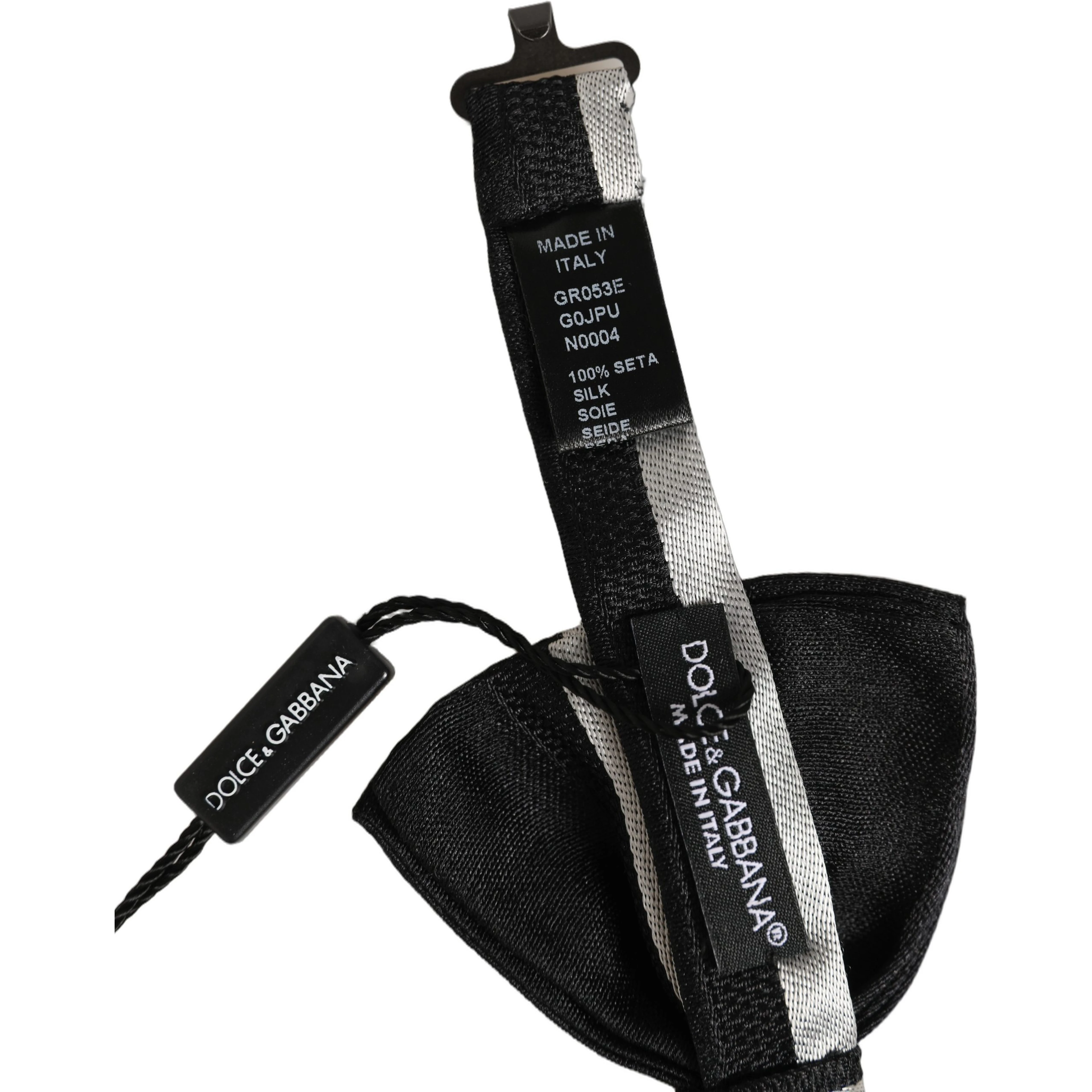 Black Silver 100% Silk Adjustable Neck Papillon Bow Tie