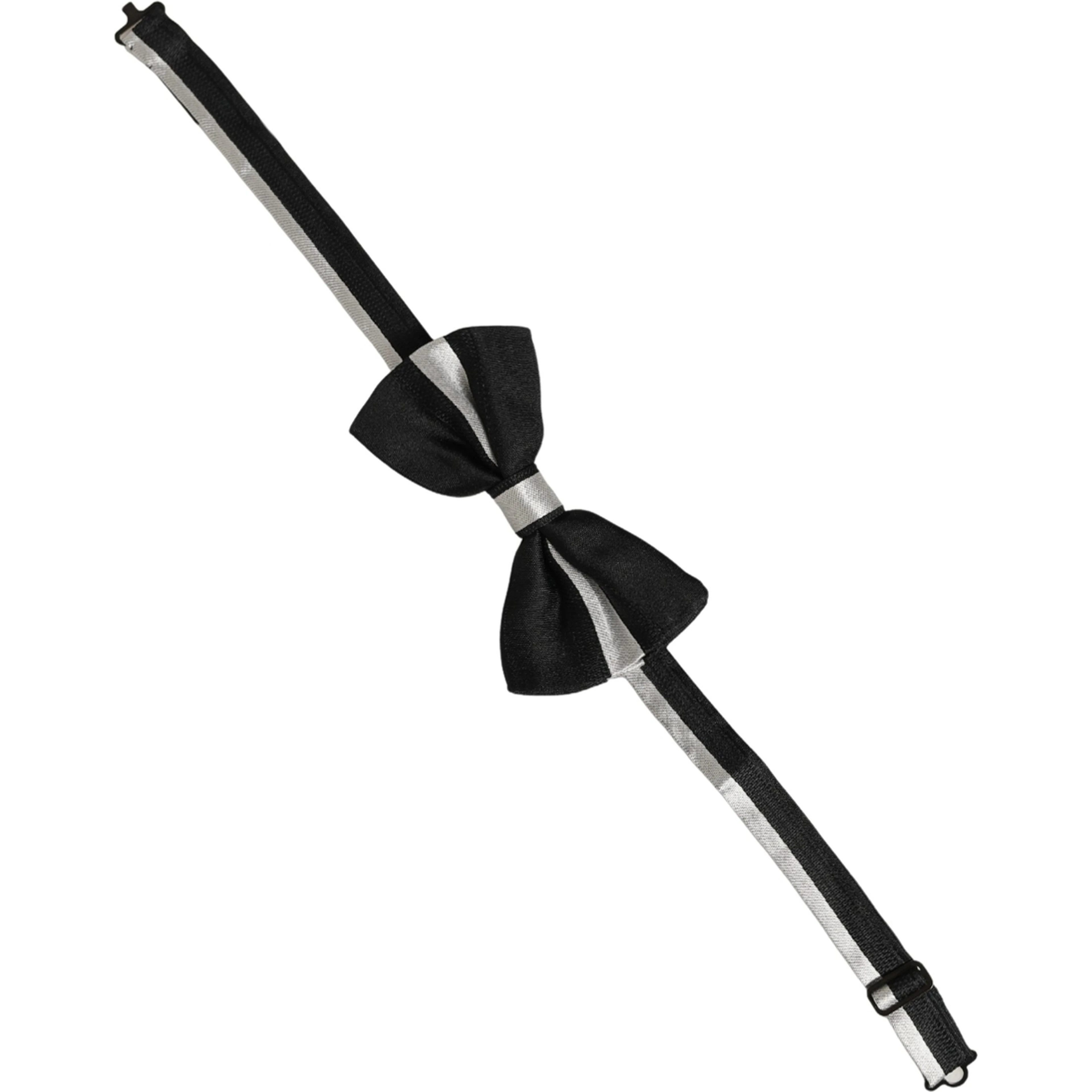Black Silver 100% Silk Adjustable Neck Papillon Bow Tie